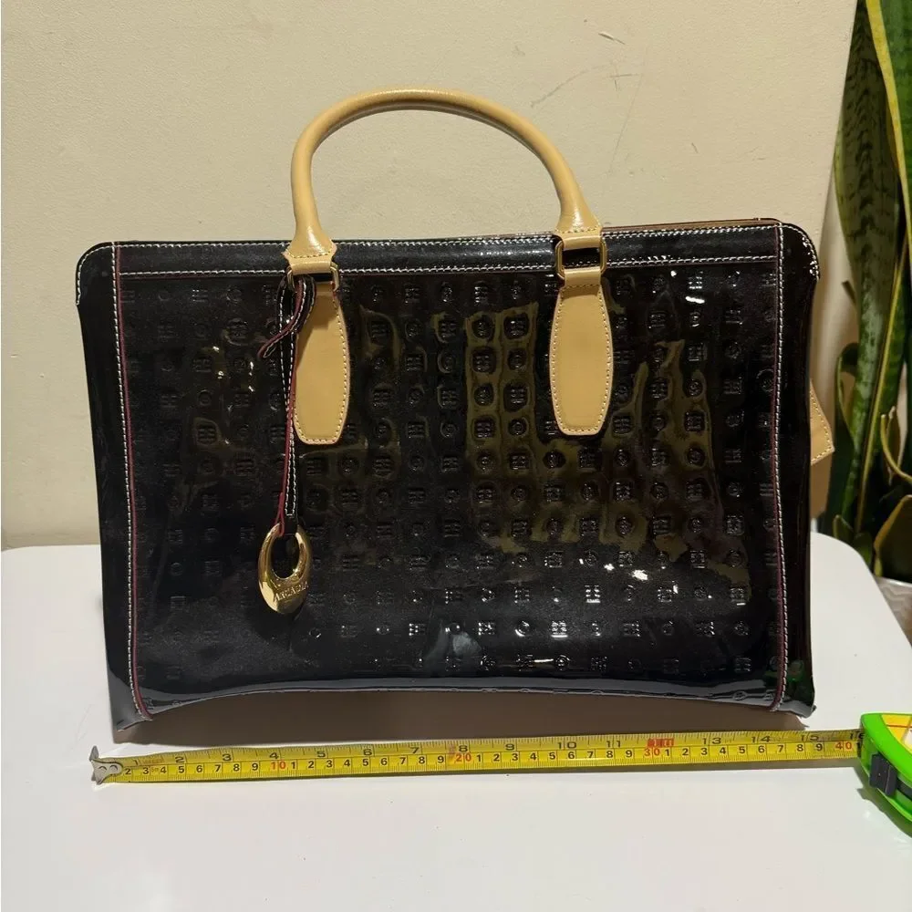 Arcadia Black Patent Leather Crossbody Straps and goldtone tag Black Tote